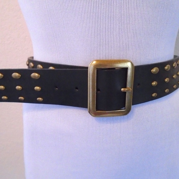 NINE WEST BoHo CHIC Black Brass Tone Studded LEATHER Layering Belt SM